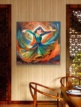 Colorful painting of a dancer on a wall above a wooden chair in a room with a table and chairs.